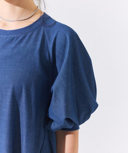 UV防曬 泡泡袖 牛仔風 花卉圖案 連衣裙