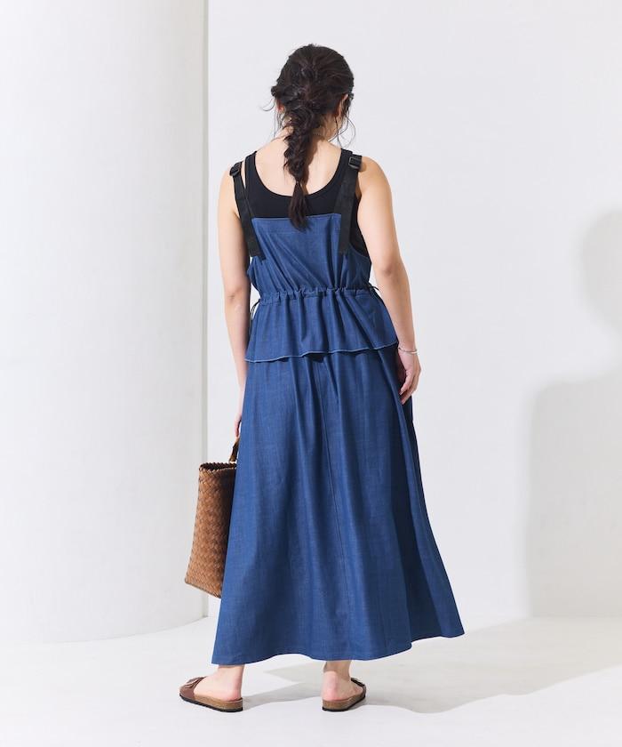 防曬牛仔風 荷葉褶 揹帶連衣裙