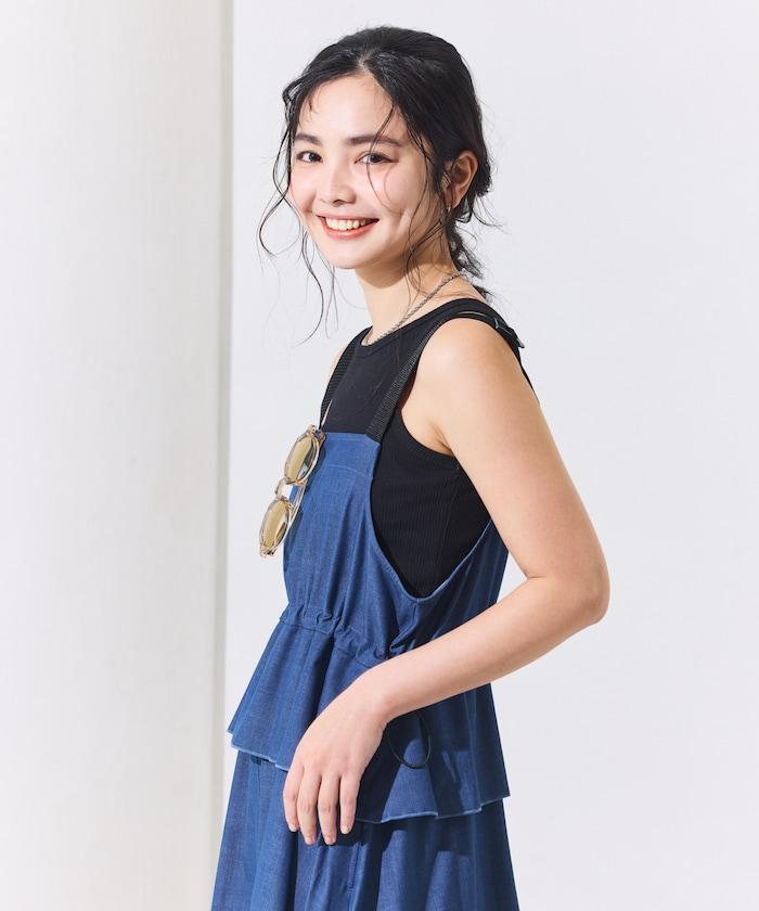 防曬牛仔風 荷葉褶 揹帶連衣裙