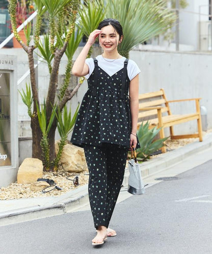 防曬交叉裹身吊帶花卉圖案牛仔風套裝