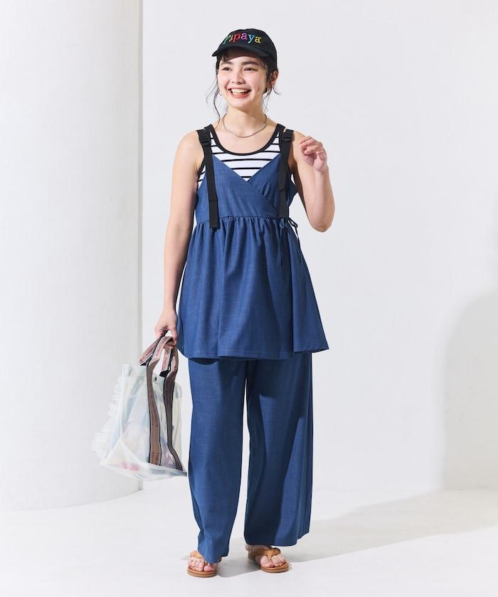 防曬交叉裹身吊帶花卉圖案牛仔風套裝