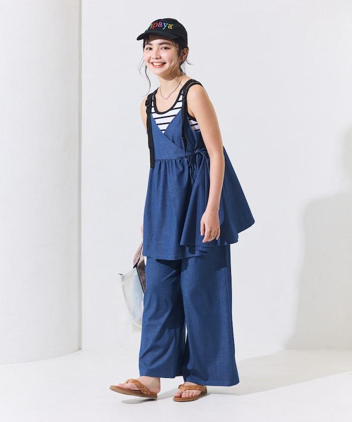 防曬交叉裹身吊帶花卉圖案牛仔風套裝