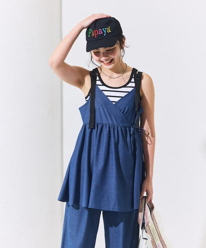 防曬交叉裹身吊帶花卉圖案牛仔風套裝