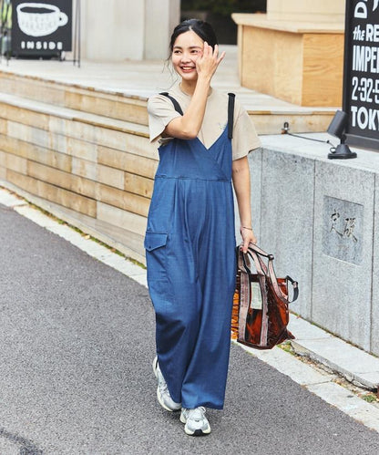 UV防曬 牛仔風 闊腿 揹帶褲