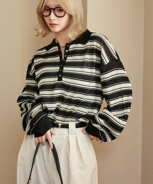 條紋透紗 針織polo衫