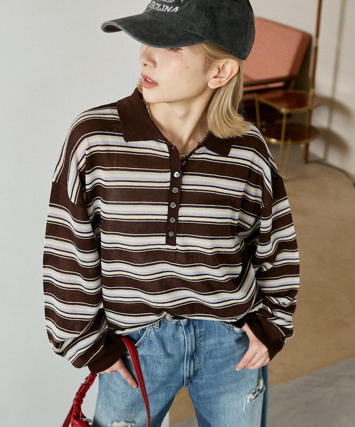 條紋透紗 針織polo衫