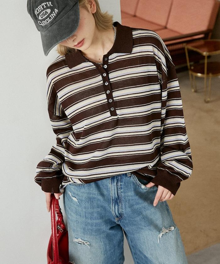 條紋透紗 針織polo衫