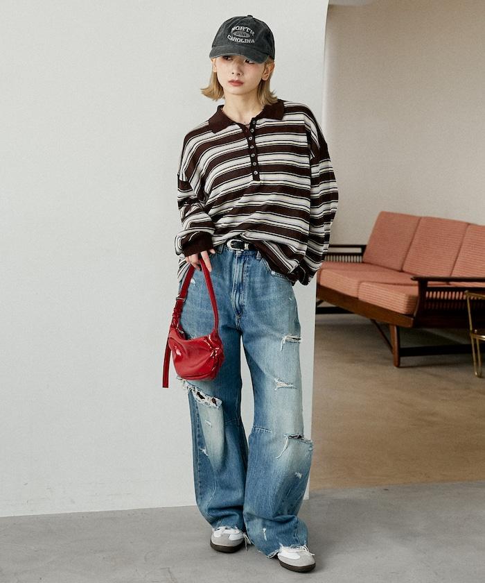 條紋透紗 針織polo衫