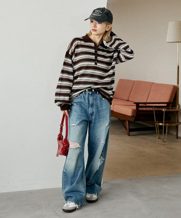 條紋透紗 針織polo衫