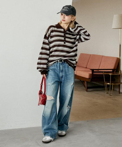 條紋透紗 針織polo衫