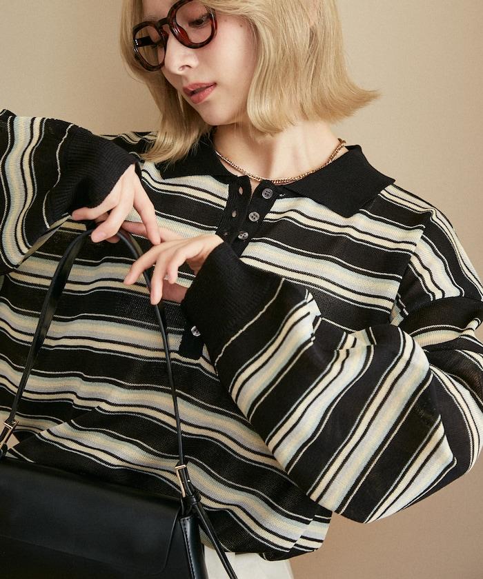 條紋透紗 針織polo衫