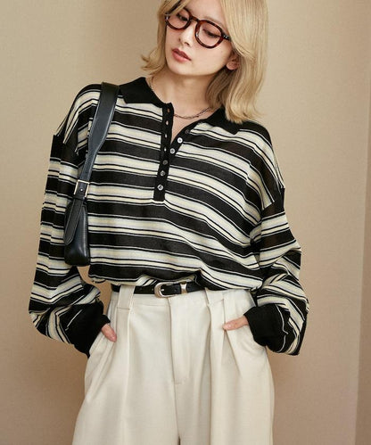 條紋透紗 針織polo衫