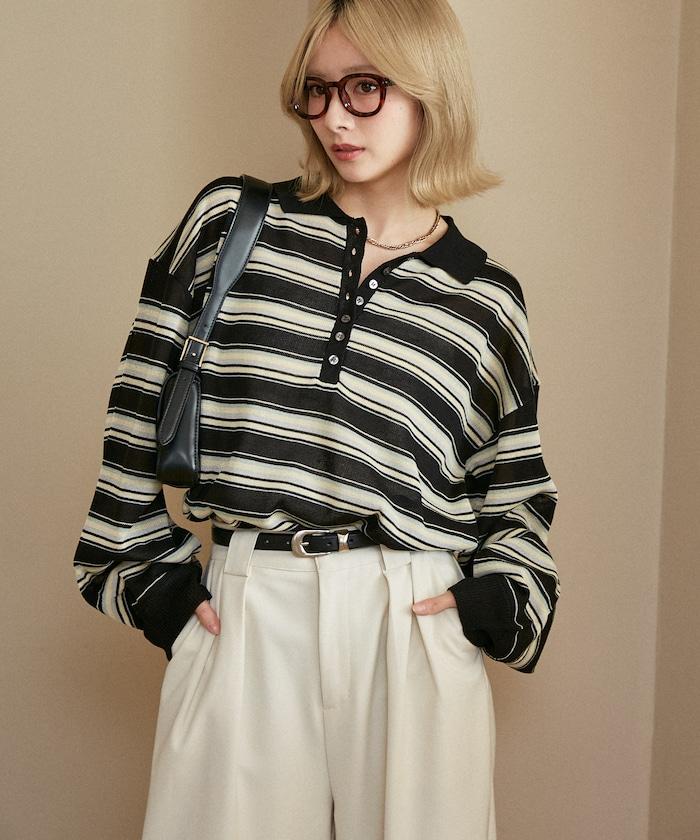 條紋透紗 針織polo衫