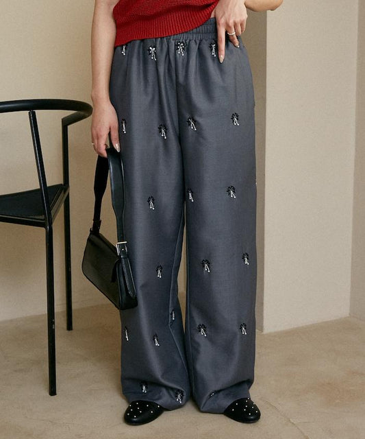 滿珠飾刺繡 鬆緊休閒西褲