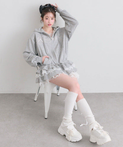 下襬荷葉邊 拉鍊設計 連帽外套