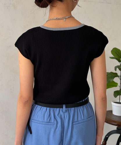 拼色法式袖針織上衣