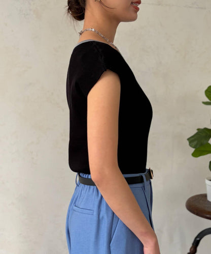 拼色法式袖針織上衣