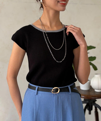 拼色法式袖針織上衣