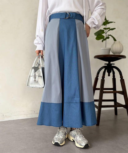 牛仔拼接喇叭半身裙