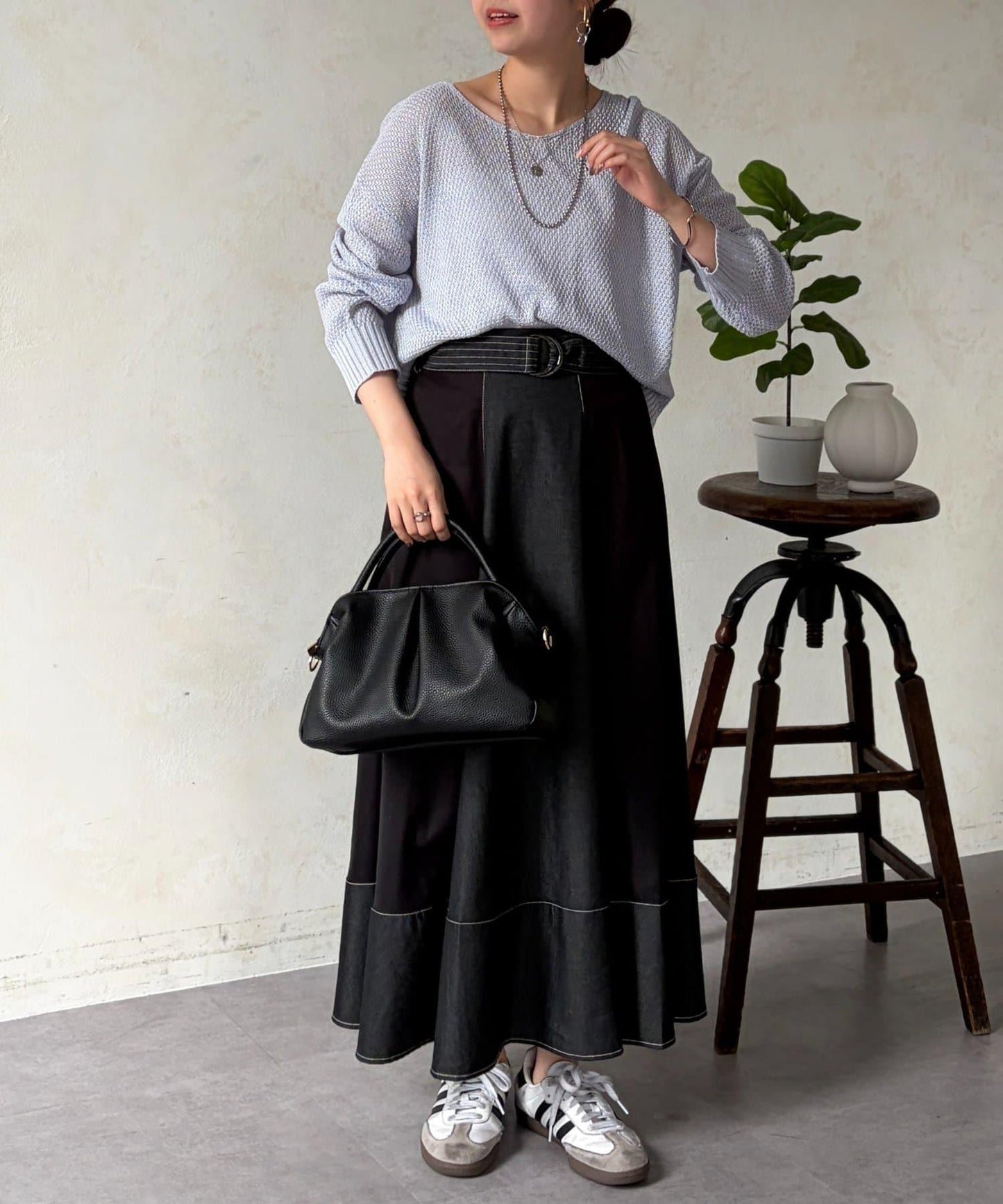 牛仔拼接喇叭半身裙