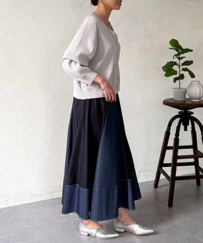 牛仔拼接喇叭半身裙