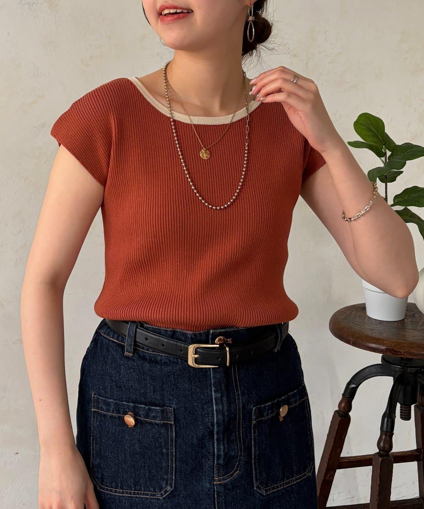 拼色法式袖針織上衣