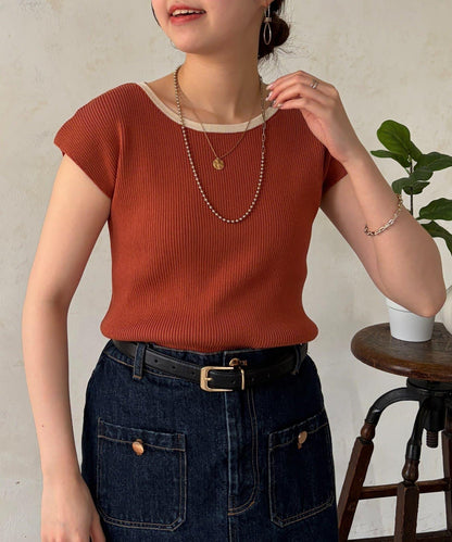 拼色法式袖針織上衣