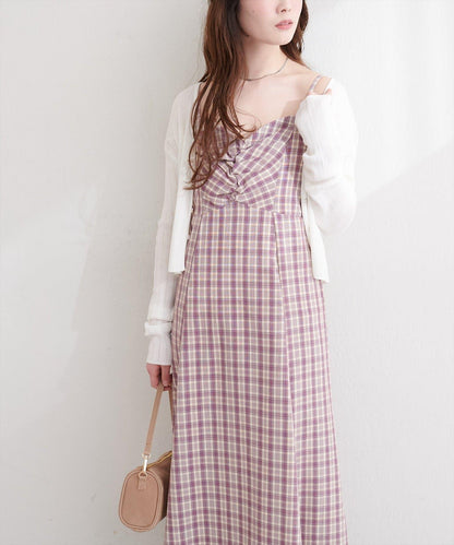 前褶格紋連衣裙