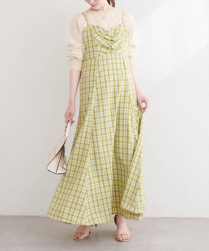 前褶格紋連衣裙