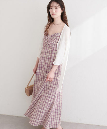 前褶格紋連衣裙