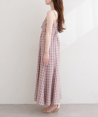 前褶格紋連衣裙