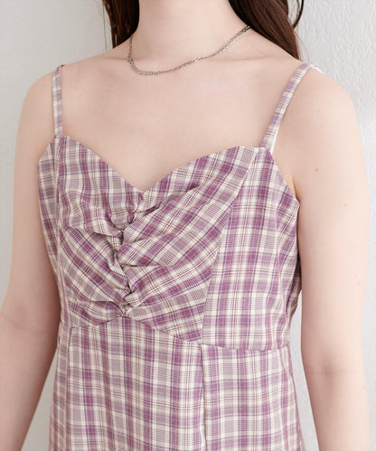 前褶格紋連衣裙