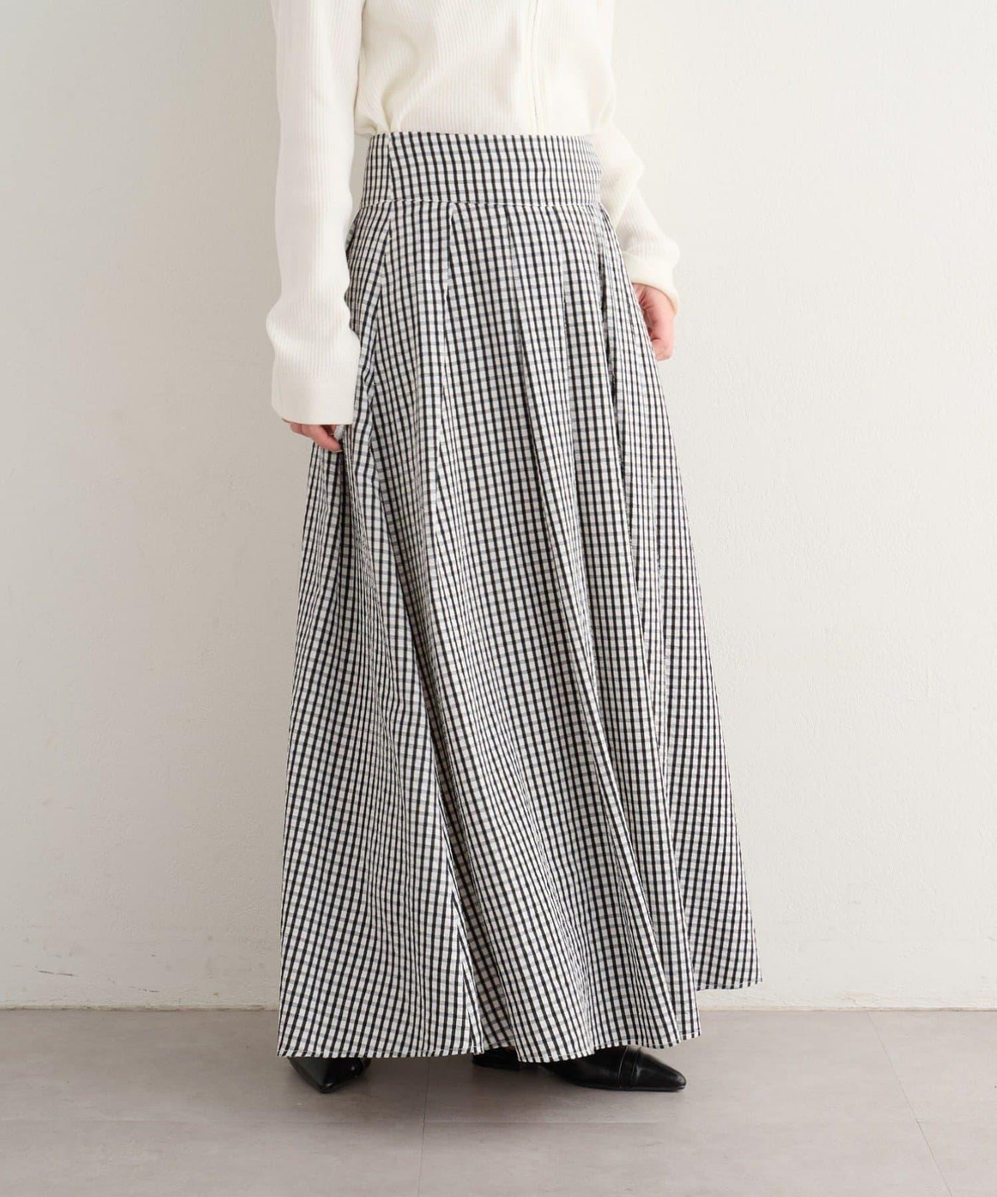 格紋與純色打褶傘擺半身裙 B款