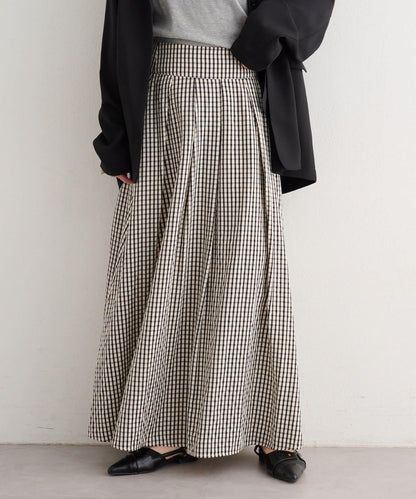 格紋與純色打褶傘擺半身裙 B款