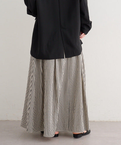 格紋與純色打褶傘擺半身裙 B款