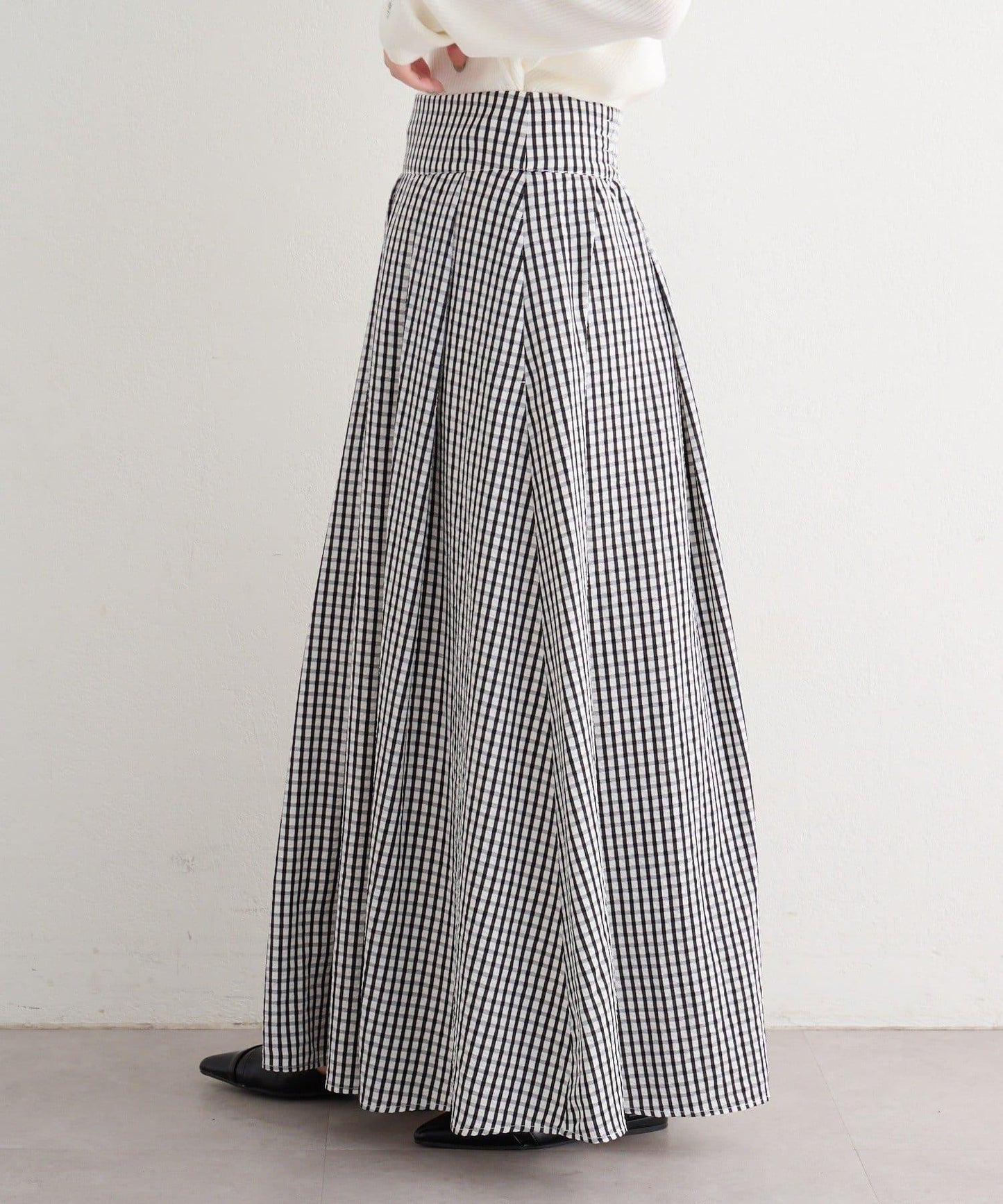 格紋與純色打褶傘擺半身裙 B款