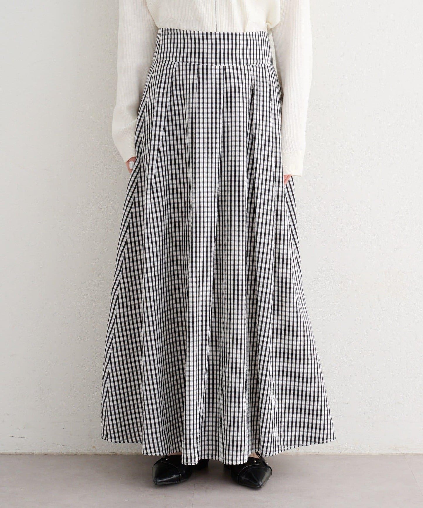 格紋與純色打褶傘擺半身裙 B款