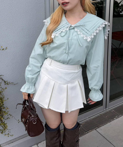 Another Branch 壓褶蕾絲大翻領襯衫