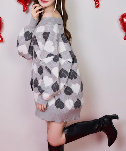 one after another 心形菱格 針織迷你連衣裙