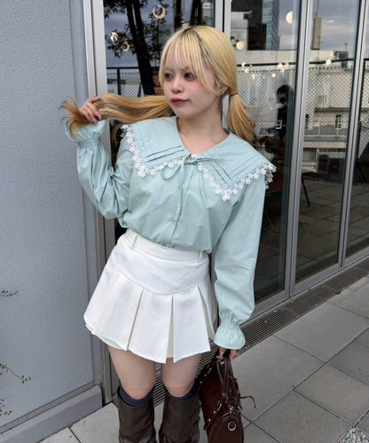 Another Branch 壓褶蕾絲大翻領襯衫