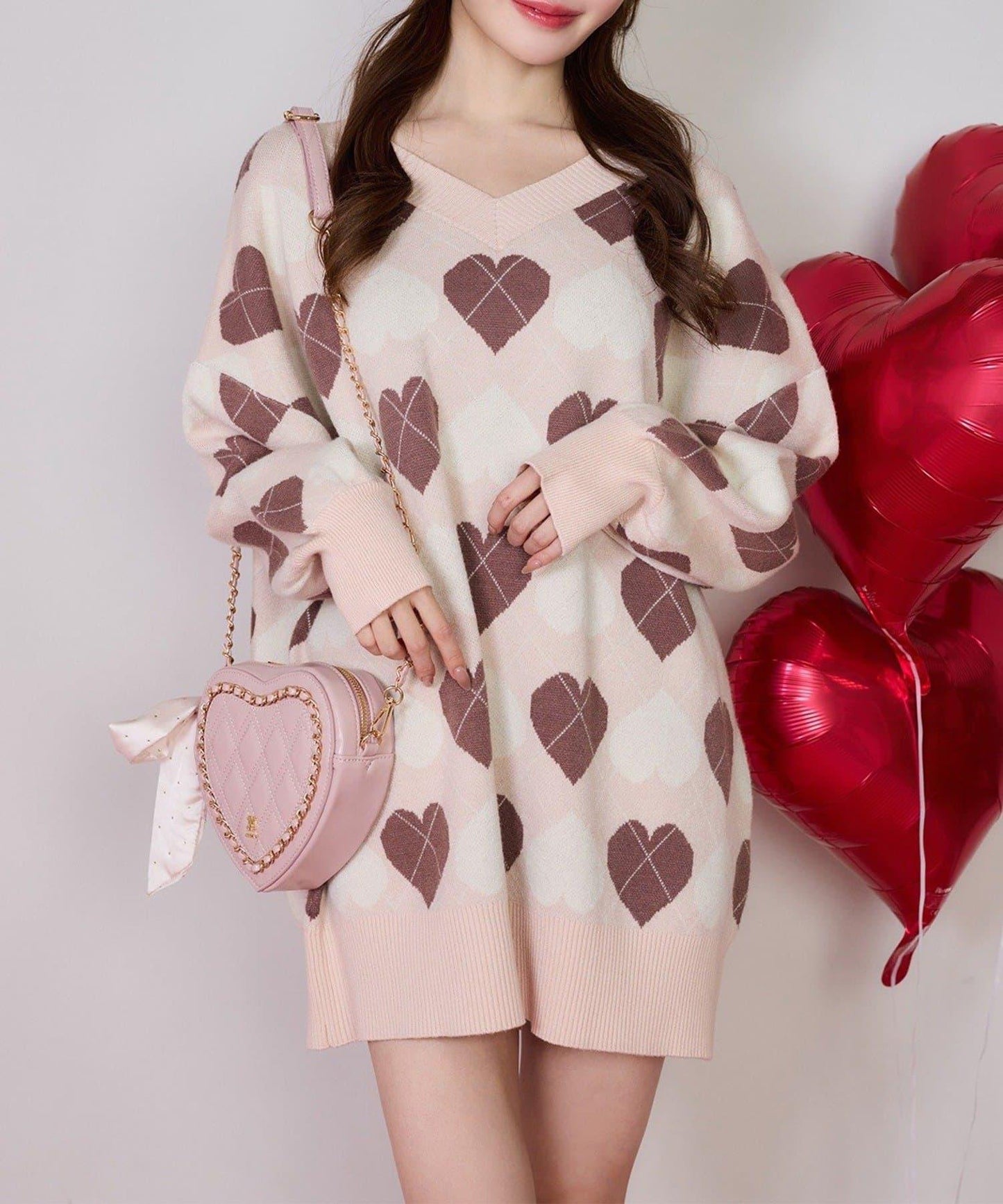 one after another 心形菱格 針織迷你連衣裙