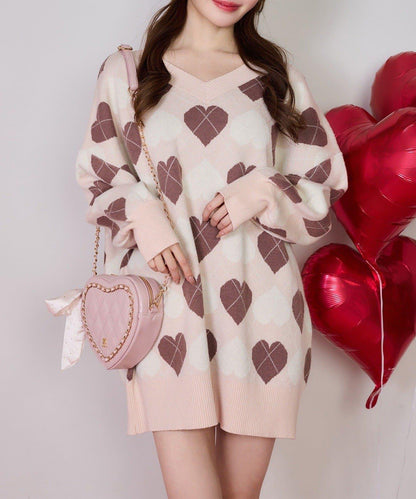 one after another 心形菱格 針織迷你連衣裙