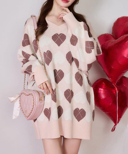 one after another 心形菱格 針織迷你連衣裙