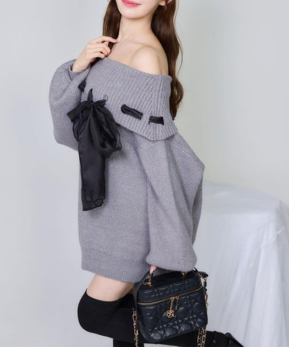 one after another 蝴蝶結露肩針織連衣裙