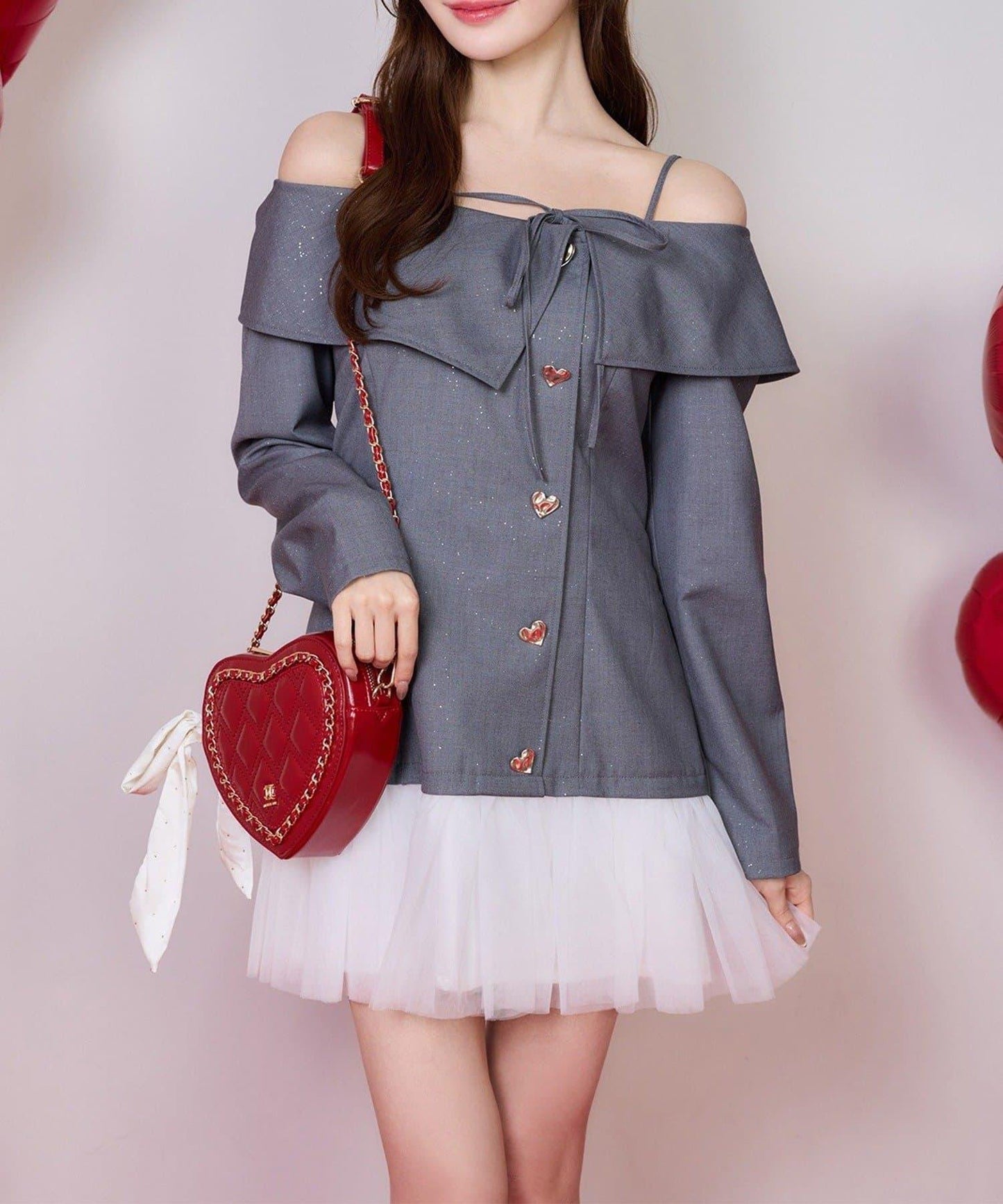 one after another 心形紐扣拼接 迷你連衣裙