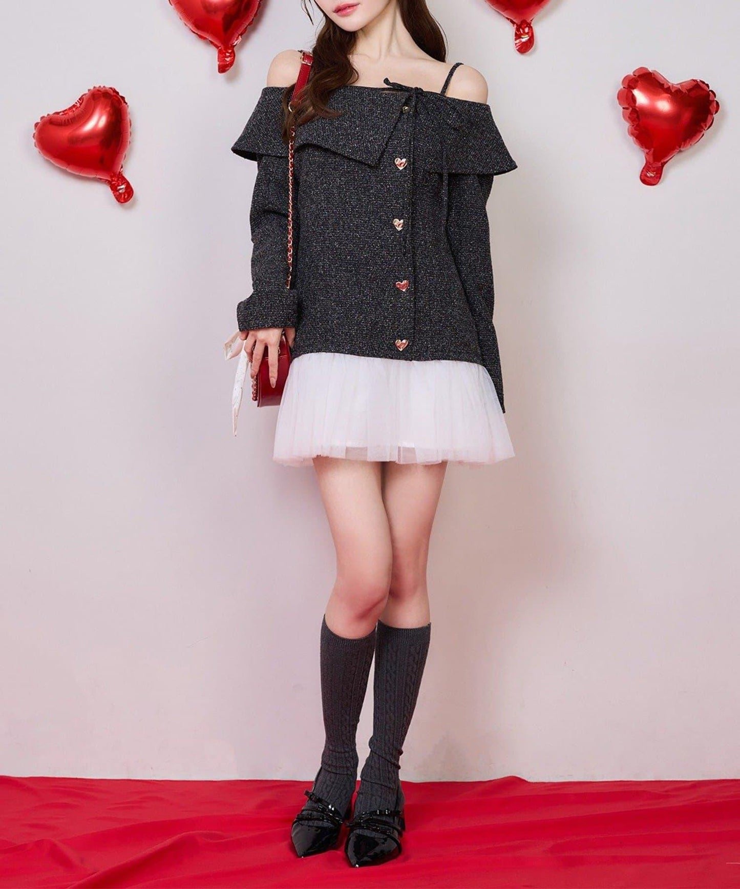 one after another 心形紐扣拼接 迷你連衣裙