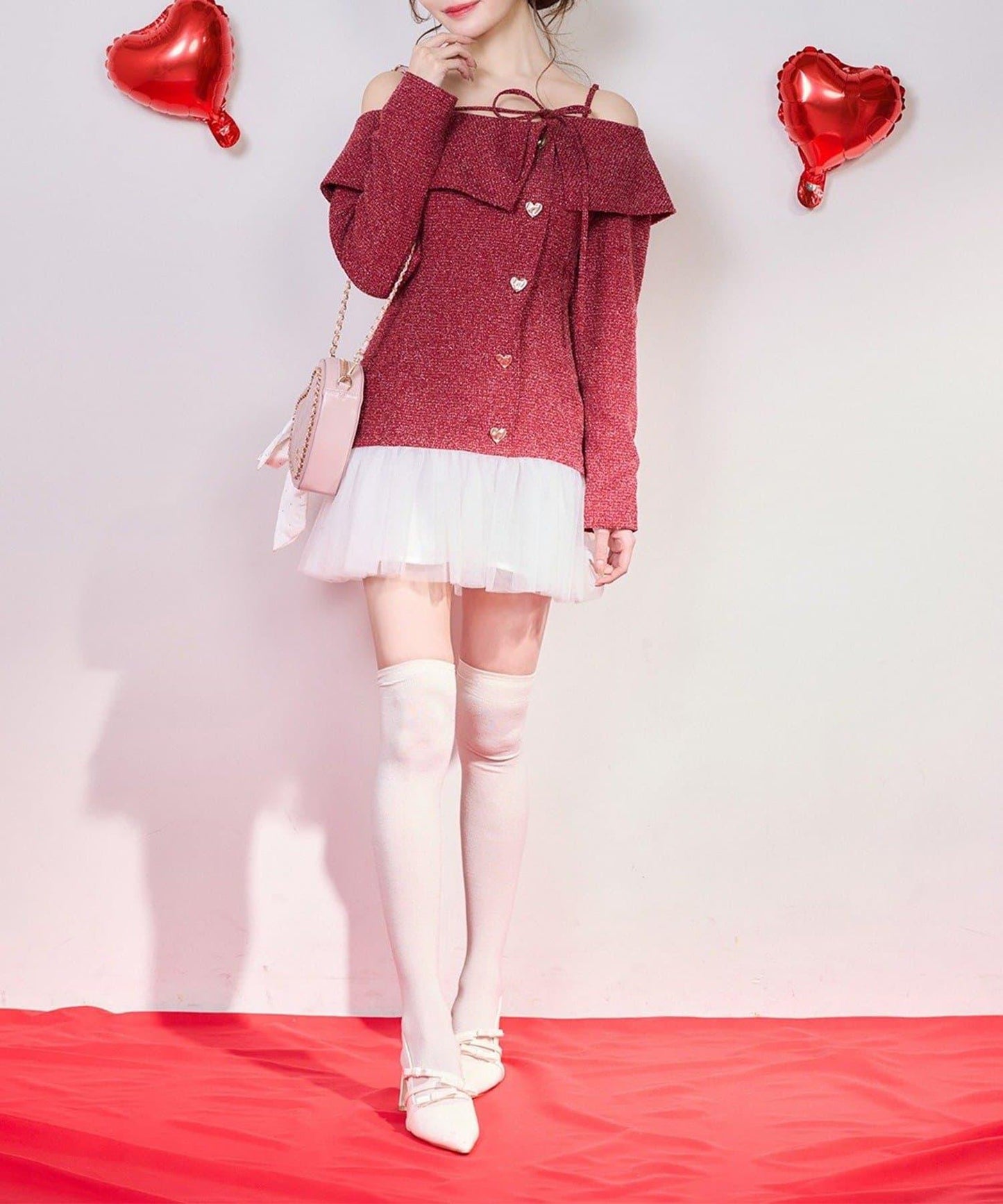 one after another 心形紐扣拼接 迷你連衣裙