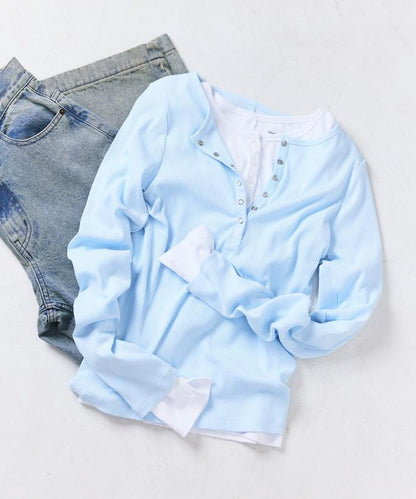 棉莫代爾 亨利領 疊穿 長袖T恤 組合款