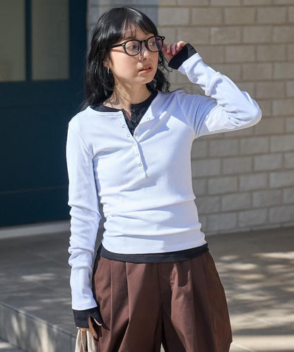 棉莫代爾 亨利領 疊穿 長袖T恤 組合款