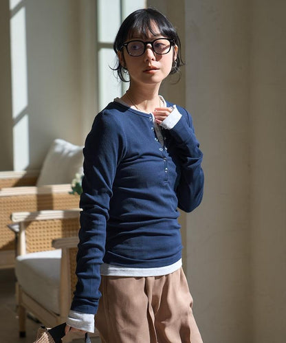 棉莫代爾 亨利領 疊穿 長袖T恤 組合款